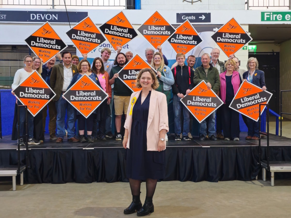 Anna Sabine with campaigners after being elected MP for Frome and East Somerset