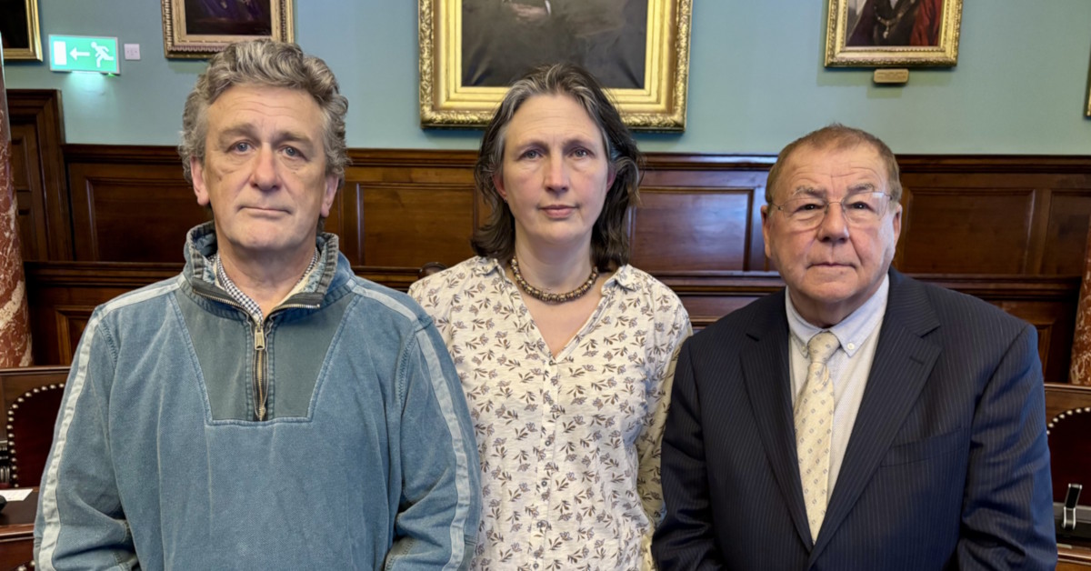 From left: Cllrs David Harding, Sarah Warren and Paul May in the Council Chamber of Bath’s Guildhall